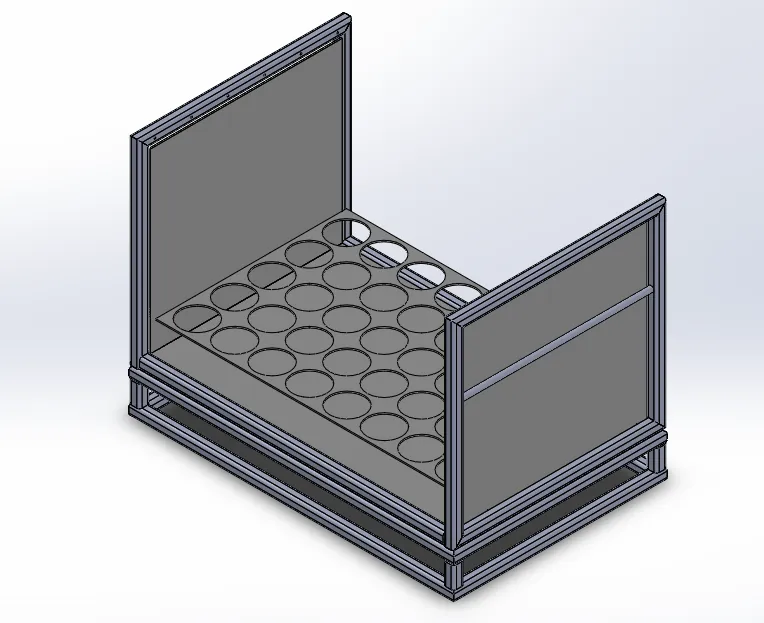 CAD model of a custom parts bin with a removable cylinder tray for in-process handling