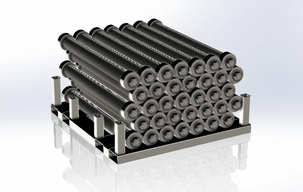 Tray fixture loaded with assembled cylindrical parts — CAD model