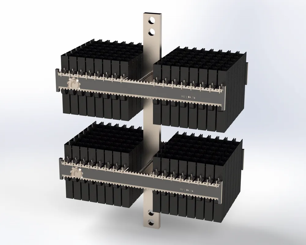 Quad receiver carrier assembly on notched carrier bars — CAD model